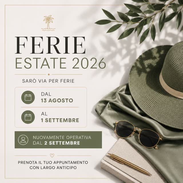 🌿 FERIE ESTATE 2026 🌿

Sarò in ferie dal 13 agosto al 1 settembre e tornerò operativa dal 2 settembre.

Per tutto il resto dell’estate lo studio resterà regolarmente aperto. ☀️

Per organizzare al meglio l’agenda e garantirvi il miglior servizio, vi invito a:
• prenotare gli appuntamenti con anticipo;
• essere puntuali;
• limitare cambi o spostamenti dell’ultimo momento;
• comunicare eventuali disdette per tempo, così da rendere disponibili gli spazi ad altre persone.

Grazie per la collaborazione e ci vediamo in studio! ✨

📍Seveso (MB), Corso Federico Borromeo 28

Per info, consulenze e prenotazioni scrivici in DM o su WhatsApp al 3200454875 💌

#piercingseveso #extensioncigliaseveso #tatuaggioseveso #microbladingseveso #monza