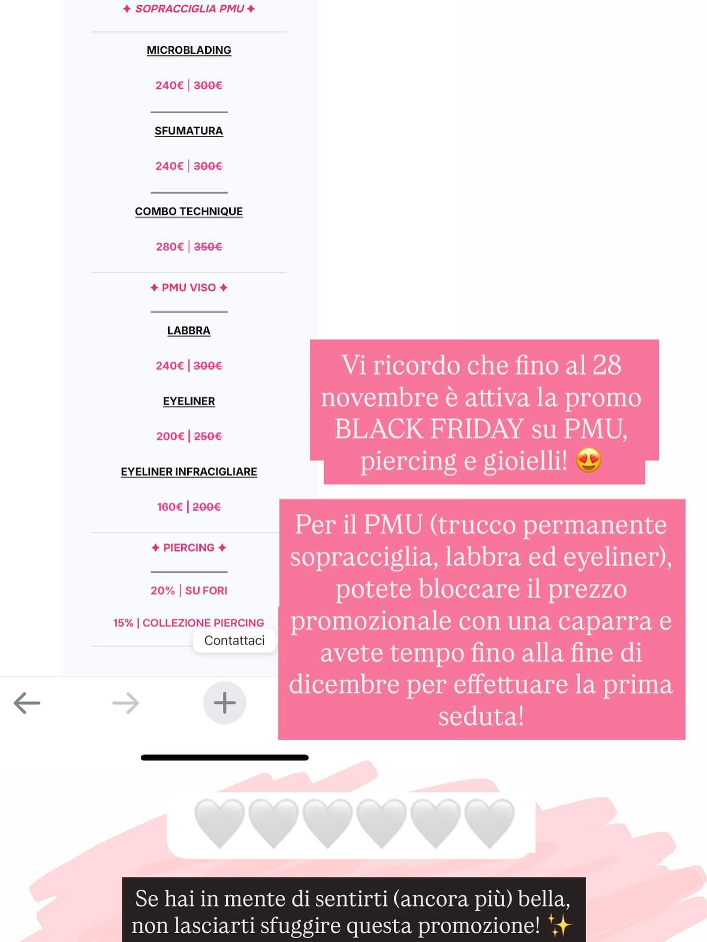 PROMO BLACK FRIDAY, valida fino a fine novembre su pmu, piercing e gioielli! Contattami per maggiori informazioni e/o fissare appuntamento ✨
3200454875 

#piercing #sopracciglia #pmu #labbra #eyeliner #pmulips #microblading #sfumatura #eyelinergrafico #ombelico #gioielli #helix #navel #lingua #lobo #conch #tragus #eyebrowpiercing #dermal #transverselobe #antitragus #piercer #tattooer #lashmaker #pmuartist