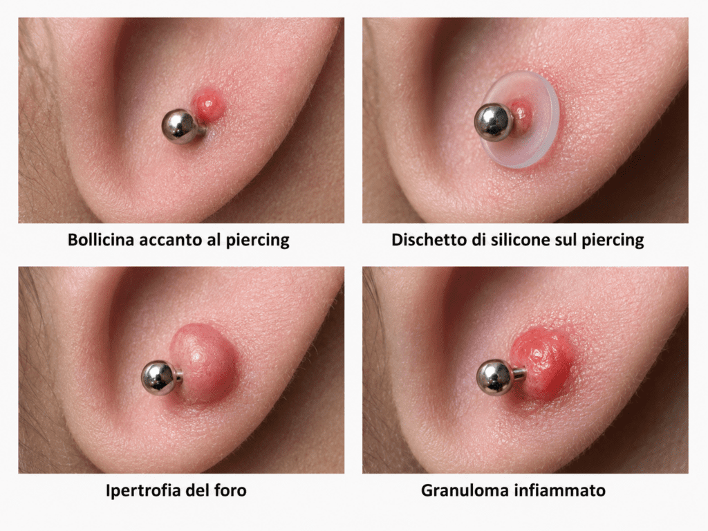 Bollicina vicino al piercing: esempi di irritazione, ipertrofia e granuloma